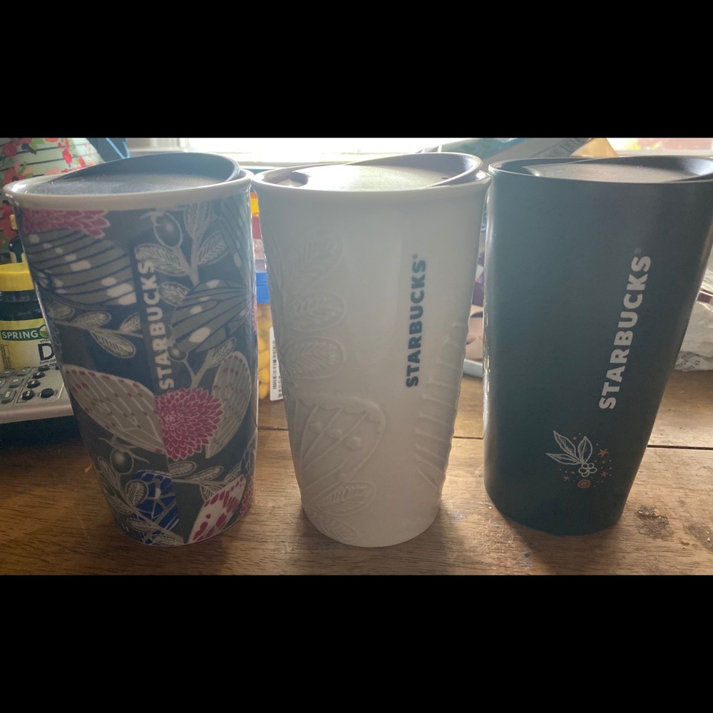 3 12 Ounce Ceramic Starbucks Coffee Cups/Lids.